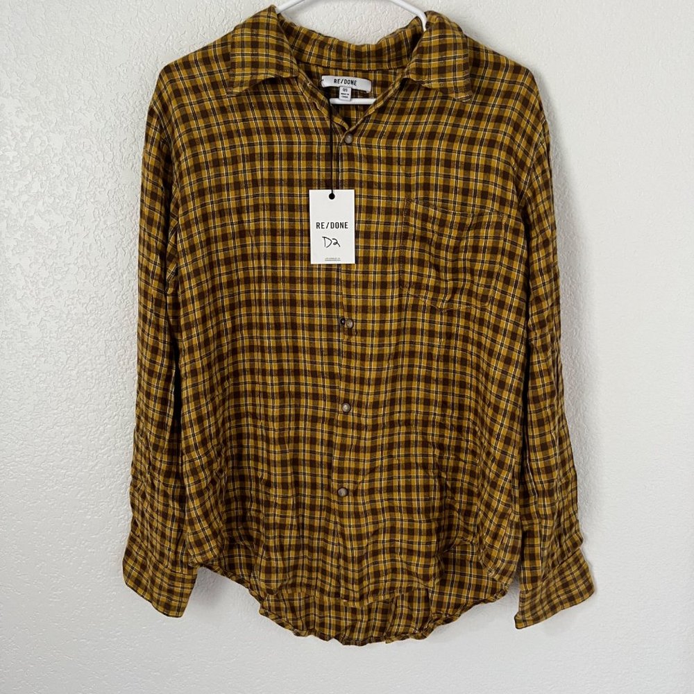 $395 NWT RE/DONE 60S PLAID SHIRT IN GOLD TAN SZ SMALL